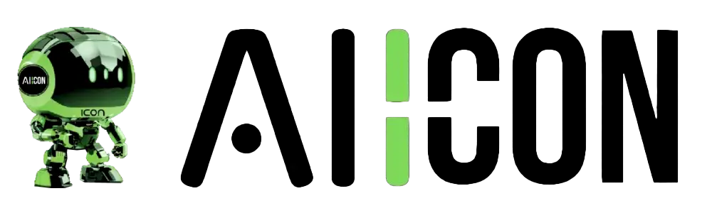 ICON, the AIICON mascot robot, beside the AIICON wordmark logo on a black background.