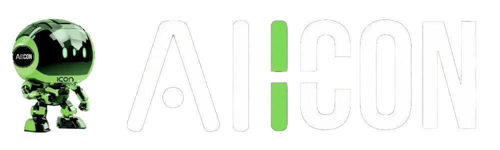 ICON, the AIICON mascot robot, beside the AIICON wordmark logo on a black background.