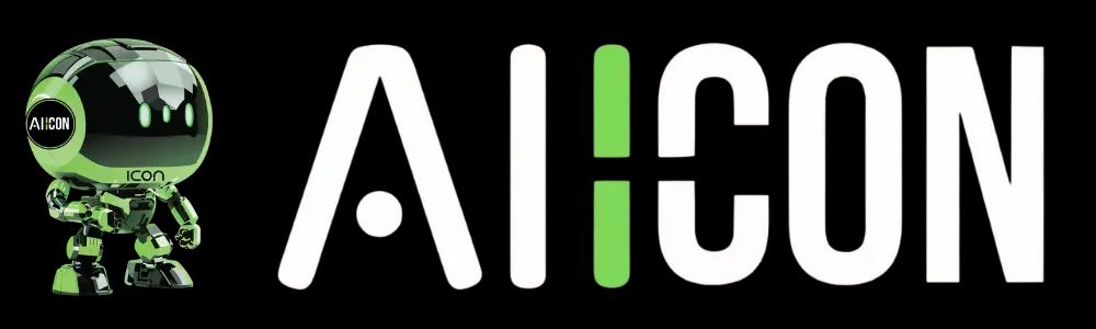 ICON, the AIICON mascot robot, beside the AIICON wordmark logo on a black background.